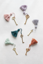 Load image into Gallery viewer, Vintage Gold Skeleton Key with Tassel for Home Decor, Styling, Photography Props or Flat Lays
