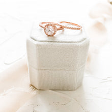 Load image into Gallery viewer, Faux Rose Gold Wedding Rings for Photography, Cubic Zirconia CZ Prop for Photographers Bridal Solitaire Ring Set