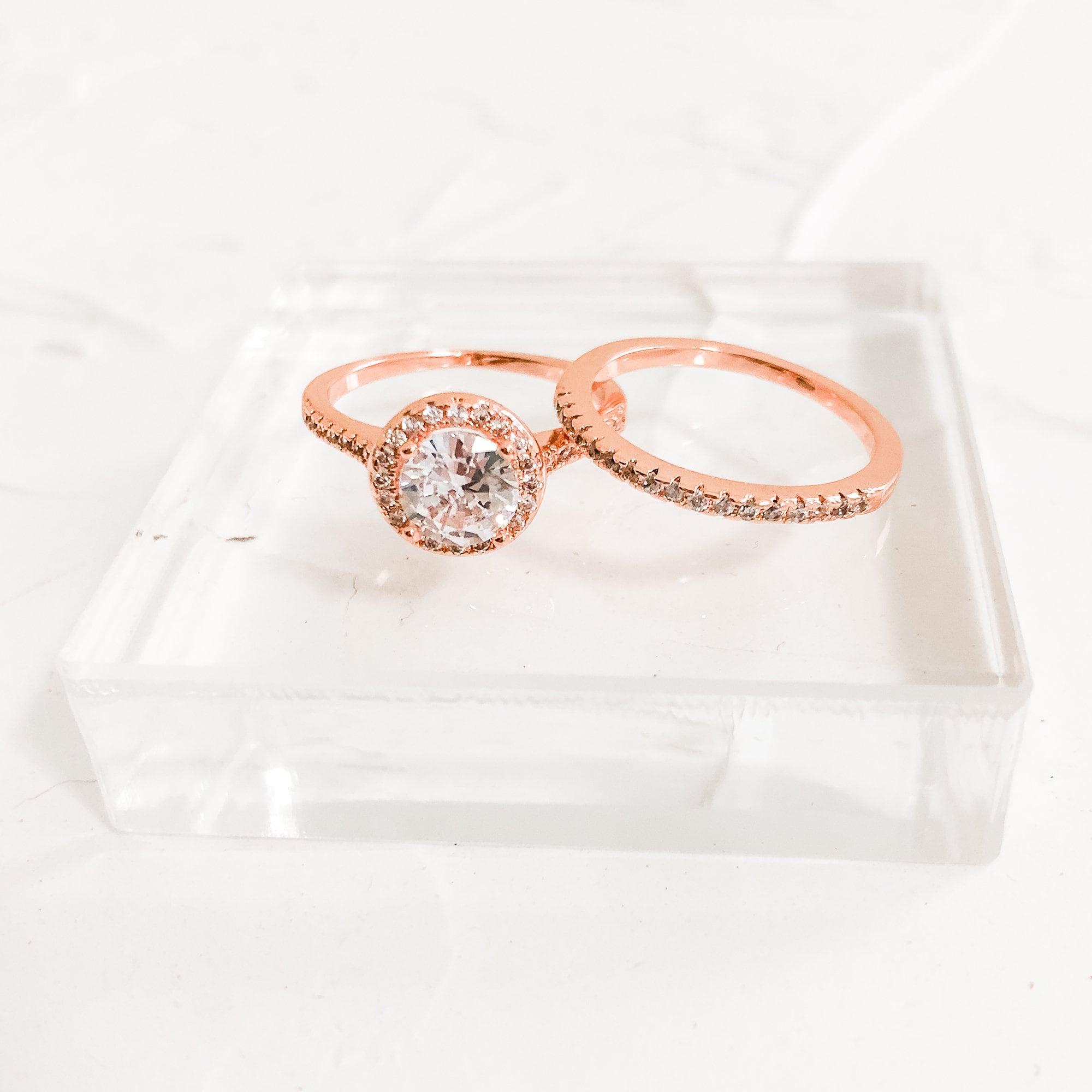Faux Rose Gold Wedding Rings for Photography, Cubic Zirconia CZ