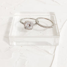 Load image into Gallery viewer, Faux White Gold Wedding Rings for Photography, Cubic Zirconia CZ Prop for Photographers Bridal Solitaire Ring Set