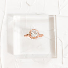 Load image into Gallery viewer, Faux Rose Gold Wedding Rings for Photography, Cubic Zirconia CZ Prop for Photographers Bridal Solitaire Ring Set