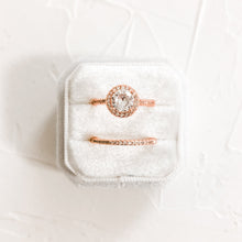 Load image into Gallery viewer, Faux Rose Gold Wedding Rings for Photography, Cubic Zirconia CZ Prop for Photographers Bridal Solitaire Ring Set