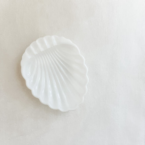 White ceramic shell dish on a beige background