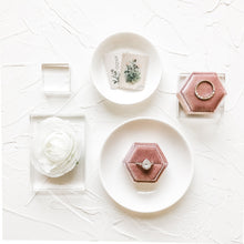 Load image into Gallery viewer, Set of 3 Clear Acrylic Blocks and 2 White Ceramic Dishes for Photography Flat Lays and Props
