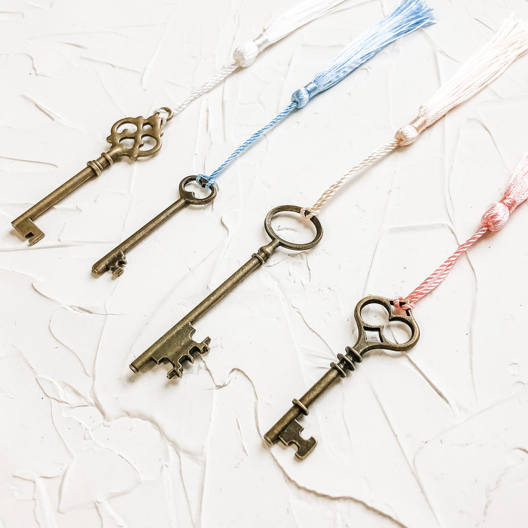 Set of 4 Vintage Skeleton Keys with Tassels for Home Decor, Styling, Photography Props or Flat Lays