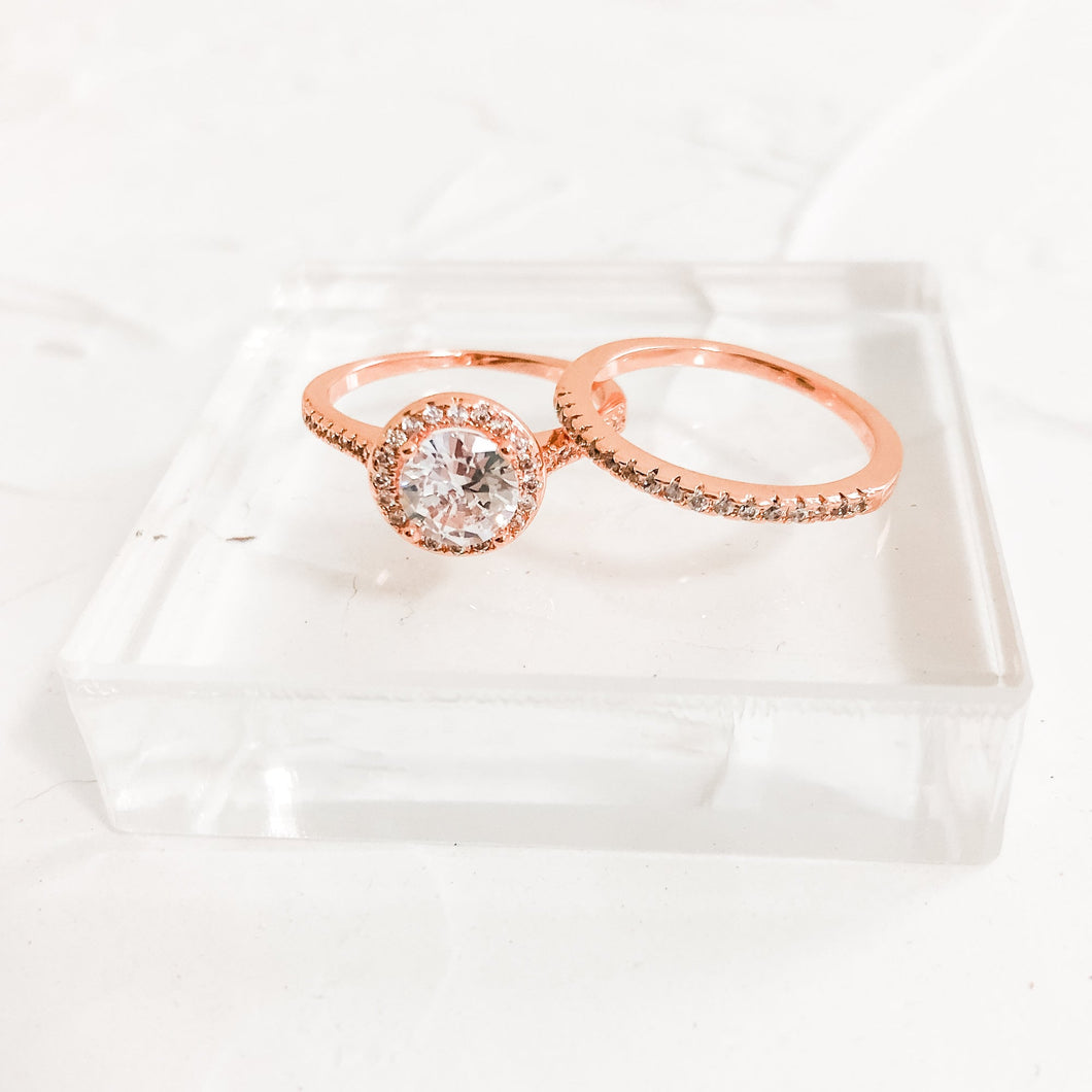 Faux Rose Gold Wedding Rings for Photography, Cubic Zirconia CZ Prop for Photographers Bridal Solitaire Ring Set