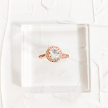 Load image into Gallery viewer, Faux Rose Gold Wedding Rings for Photography, Cubic Zirconia CZ Prop for Photographers Bridal Solitaire Ring Set
